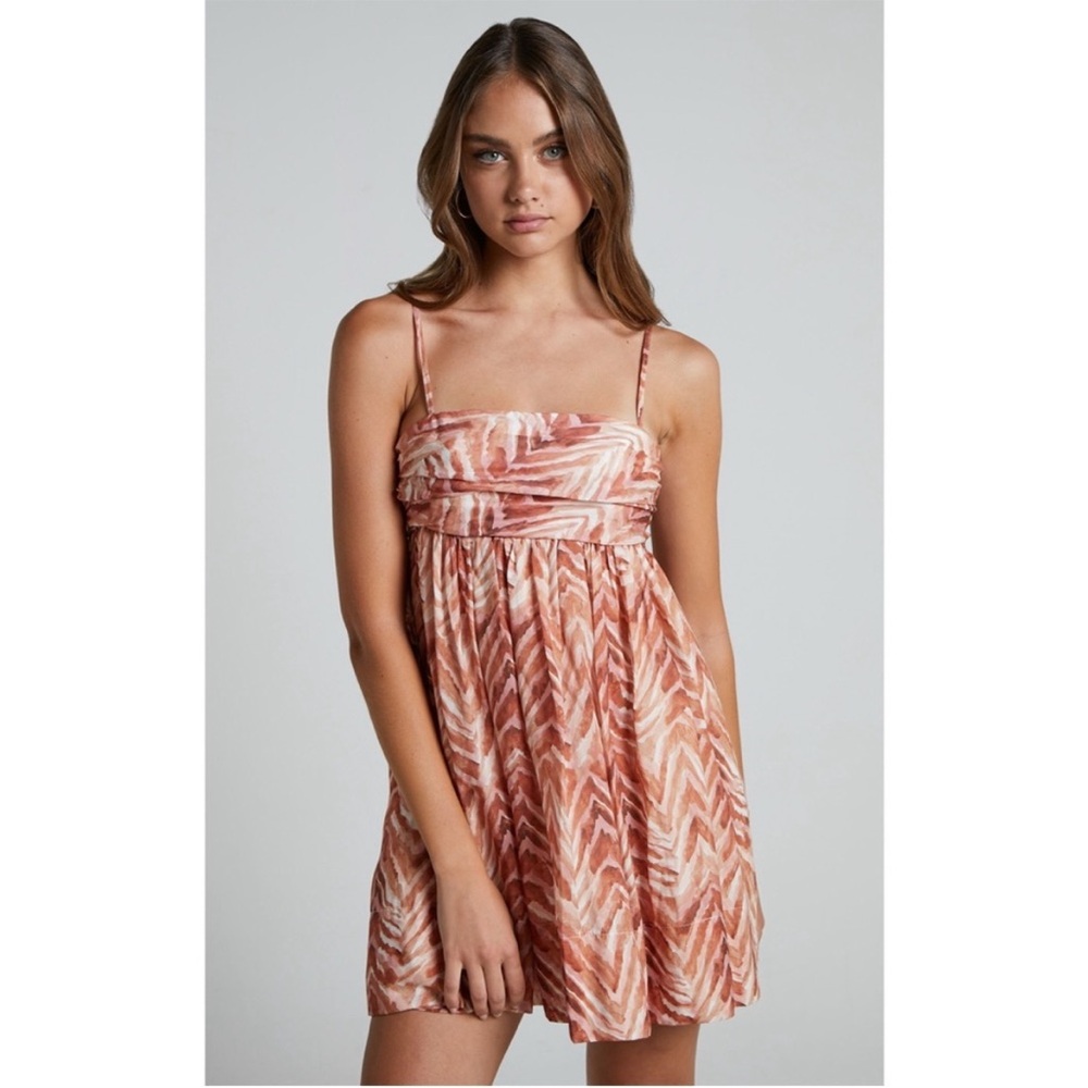 AMALIE THE LABEL NWT LOTTE LINEN BLEND TIE BACK BABYDOLL MINI DRESS TONAL ZEBRA